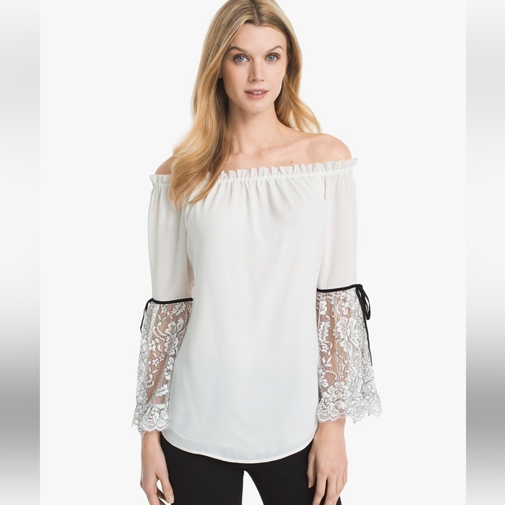 White House Black Market Off The Shoulder Floral Lace Sleeve Blouse Shirt Medium